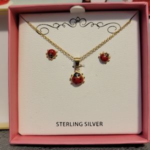 Silver sterling ladybug earrings and necklace